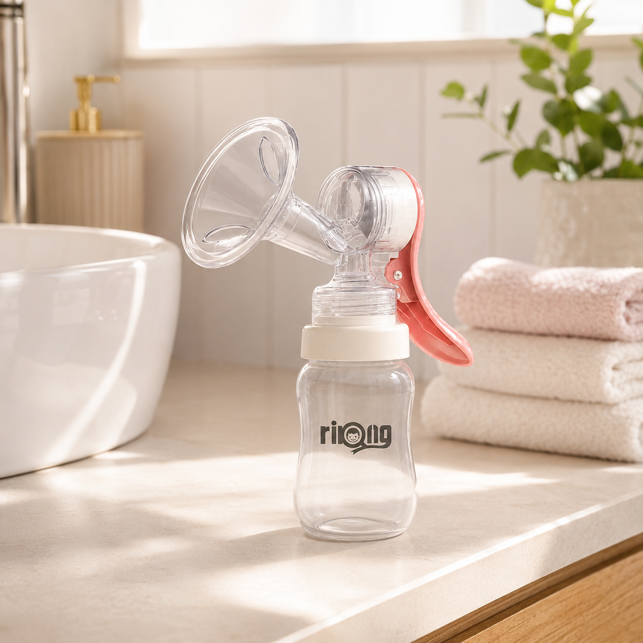 Riqing Manual Breast Pump 180ml with Silicone Massage Cushion, PP Bottle and Feeding Nipple